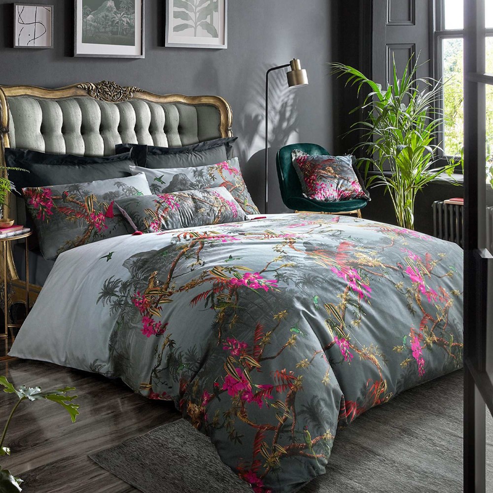 Hibiscus Bedding and Pillowcase By Ted Baker in Charcoal Grey Pink